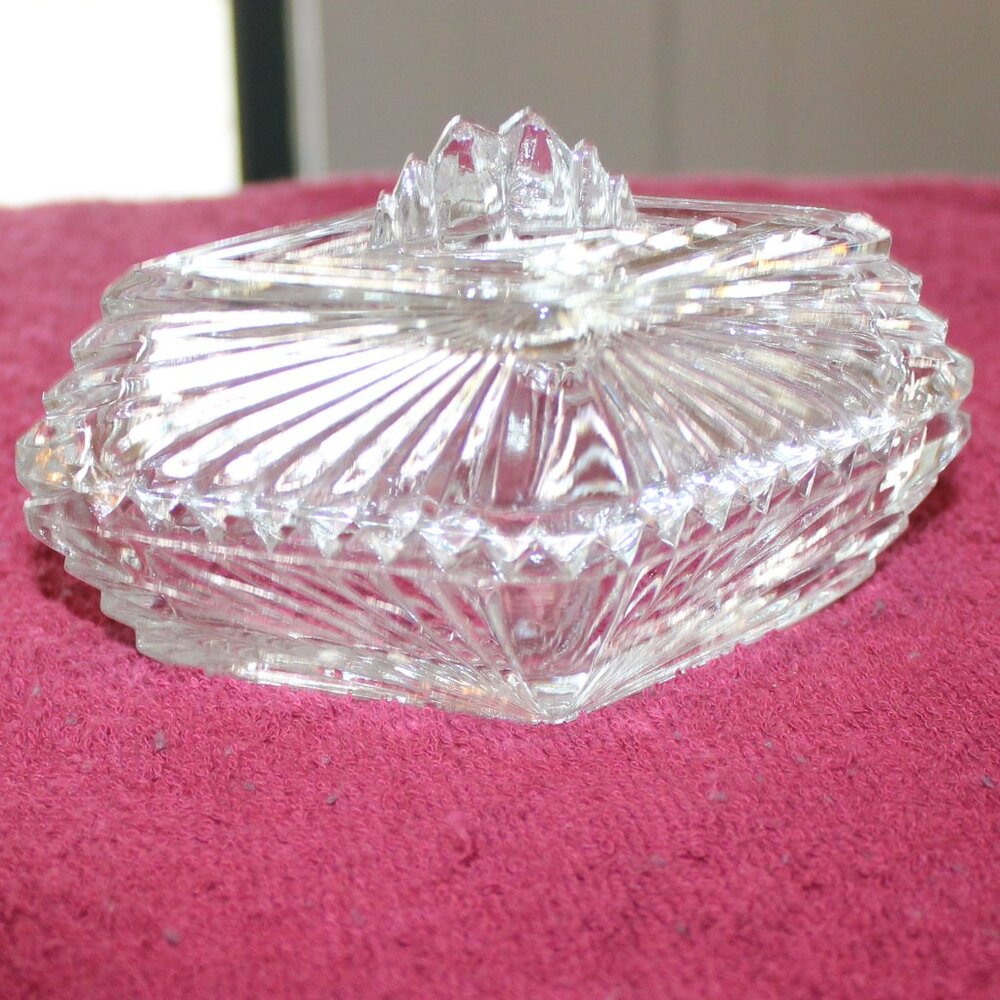 Vintage Clear Glass Diamond Shaped Trinket Box with lid